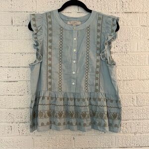 EUC LOFT button down top, light blue with embroidered detail, size medium